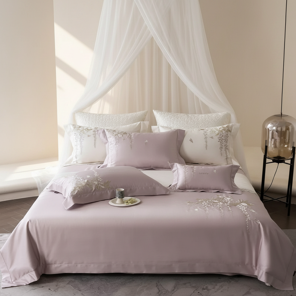 Lavender Botanical Embroidery Bedding – Front View