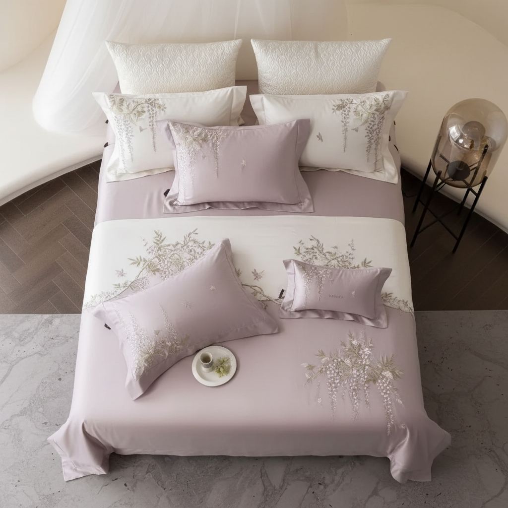 Lavender Botanical Embroidery Bedding – Overhead Diagonal