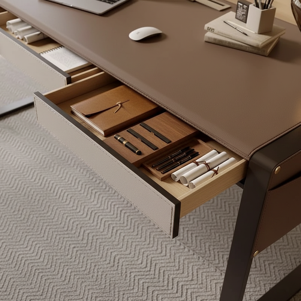 Leather walnut desk drawer detail