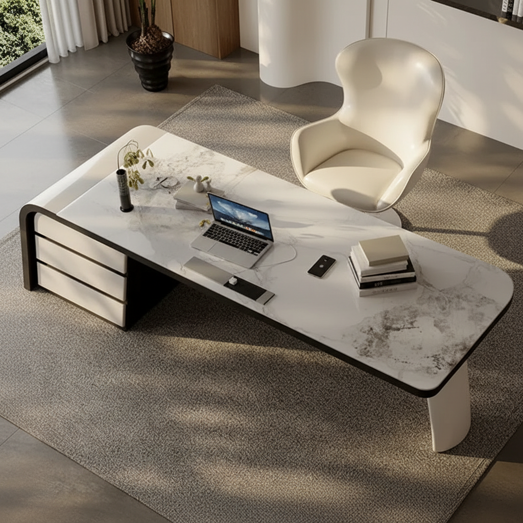 Marble arch desk overhead view