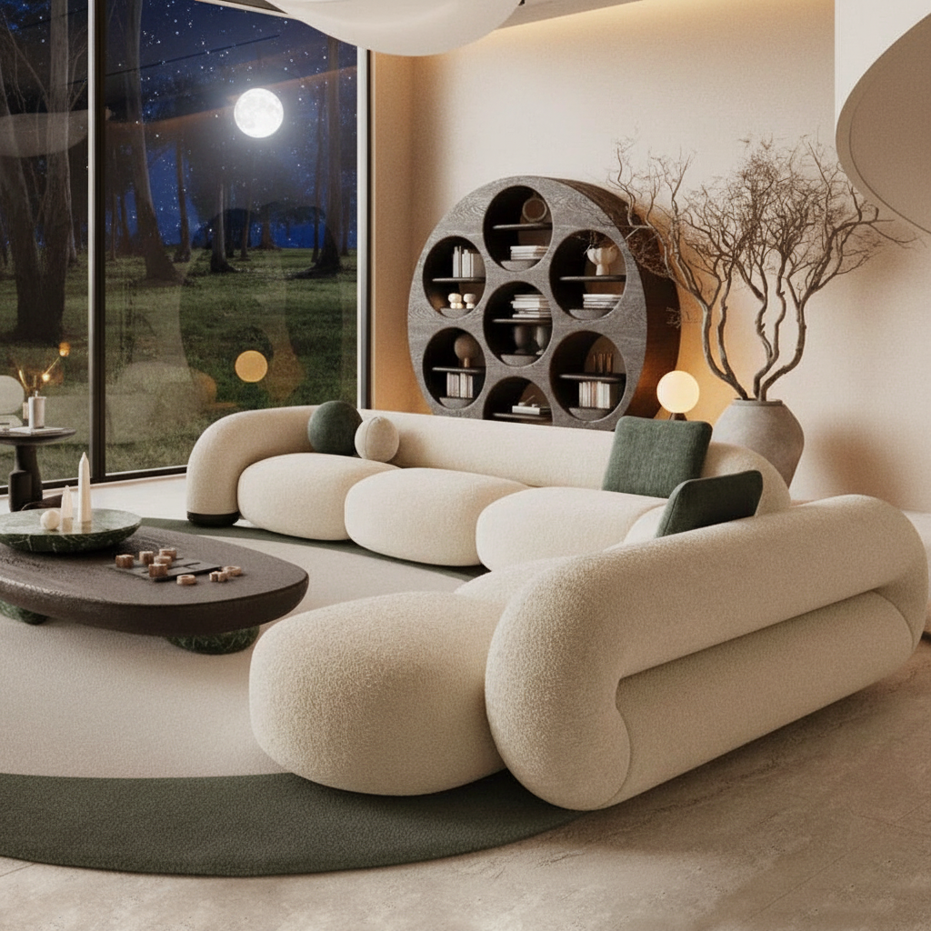 Organic Bouclé Sofa – Moonlit Forest Night View 1200×1200