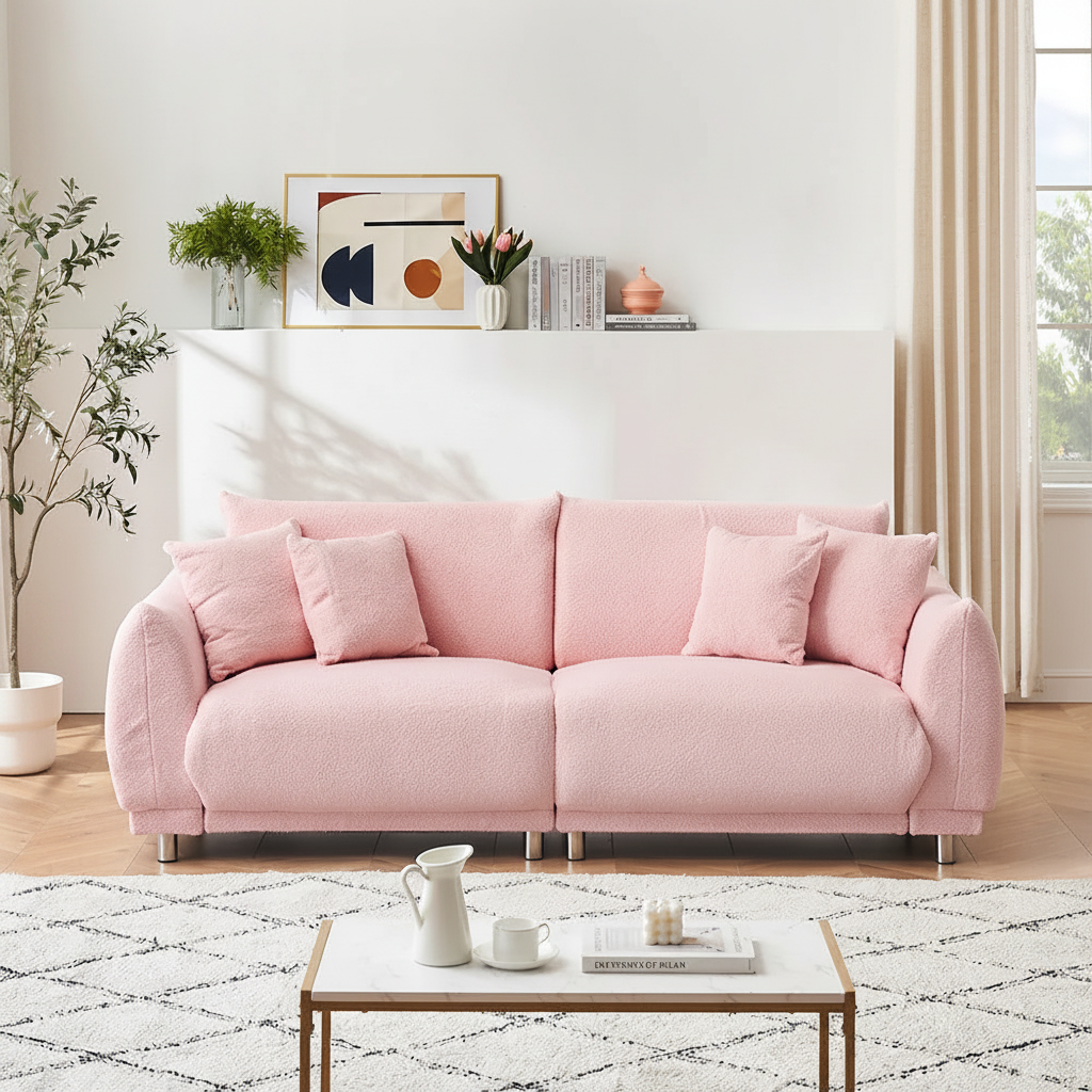Pink Bouclé Sofa – Front