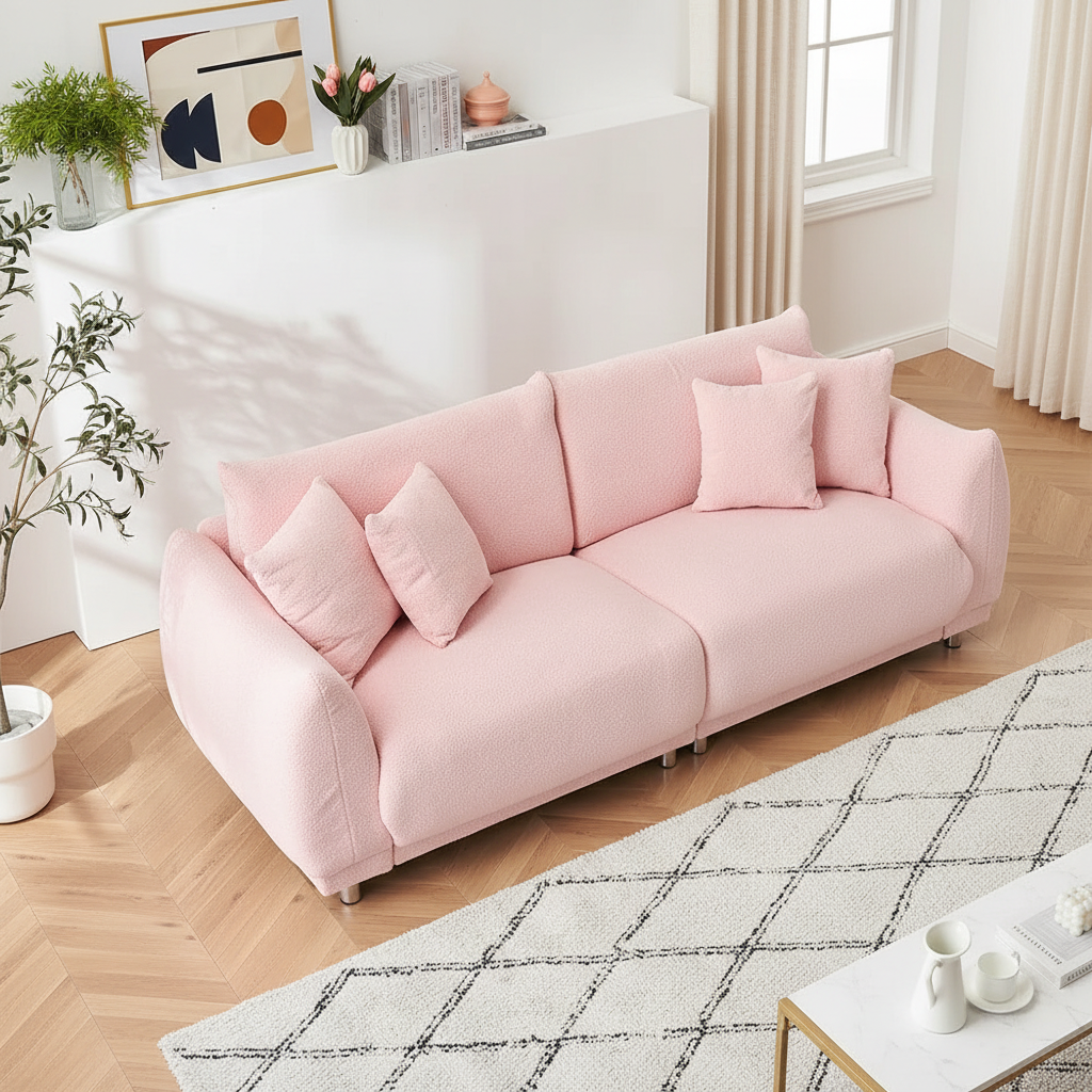 Pink Bouclé Sofa – Overhead