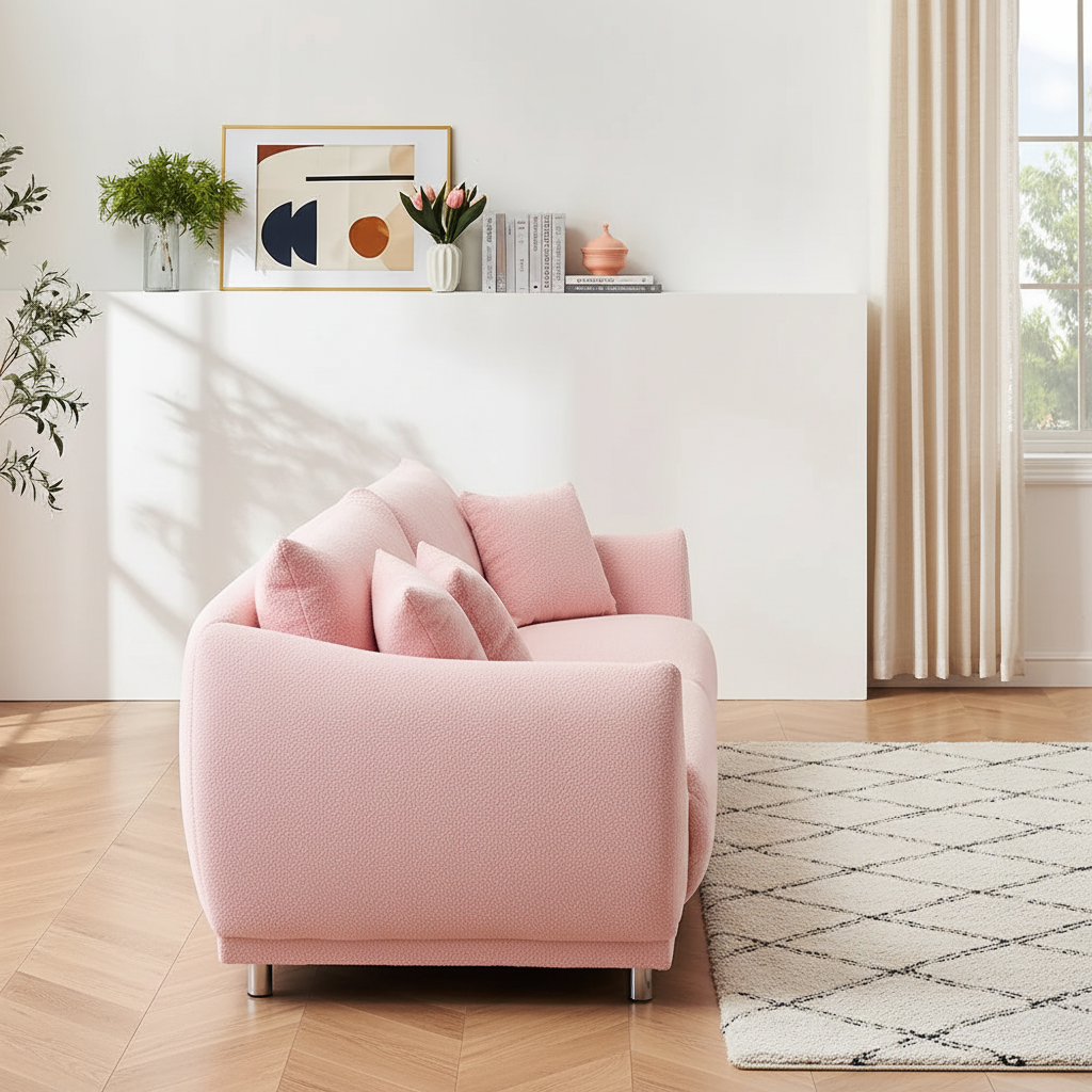 Pink Bouclé Sofa – Side