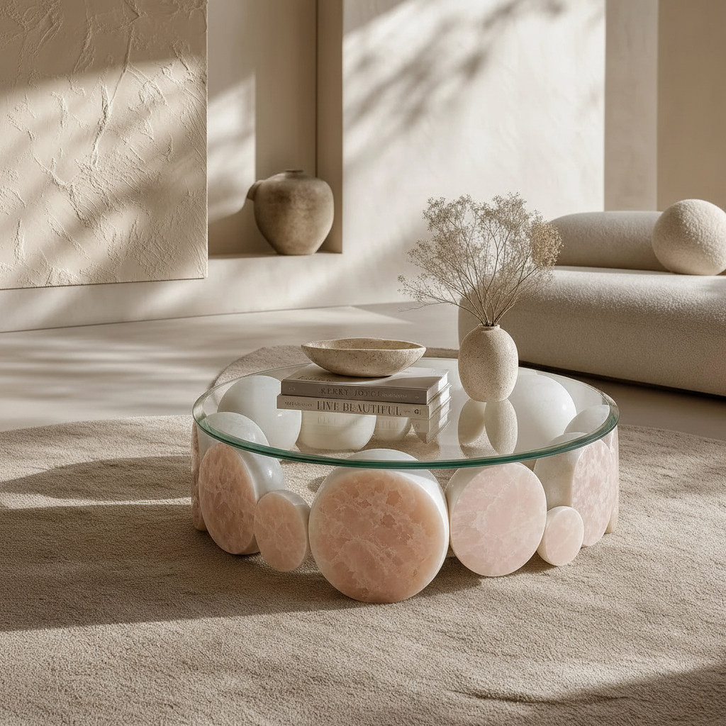 Rose Quartz Pebble Table – Overhead Diagonal
