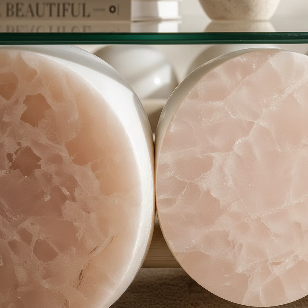 Rose Quartz Pebble Table – Stone & Glass Close-Up