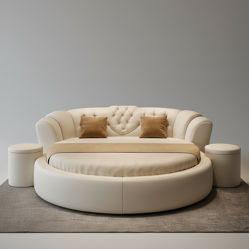 Round Tufted Bed – Front View Grey