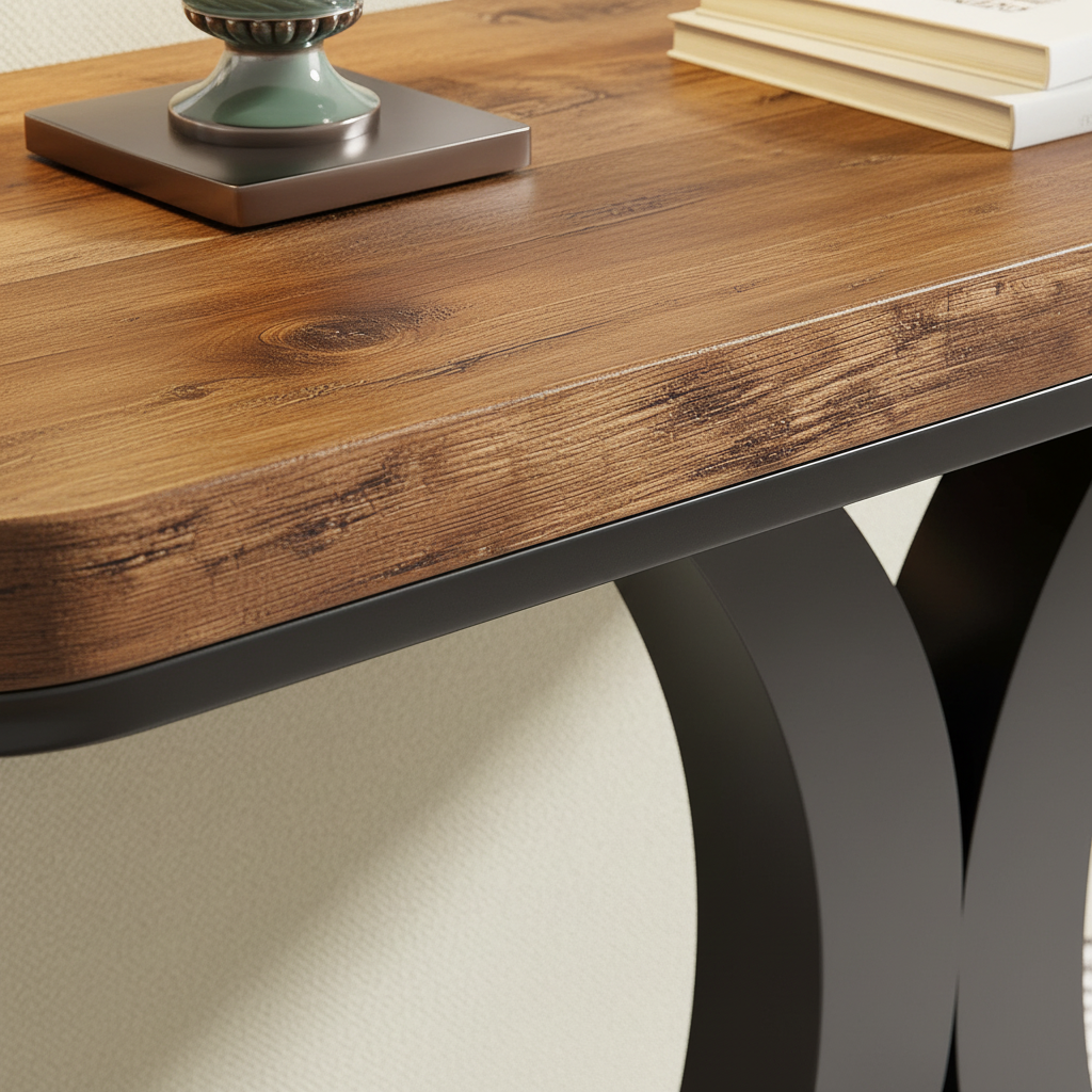 Rustic Console Table – Wood Grain & Black Metal Close-Up