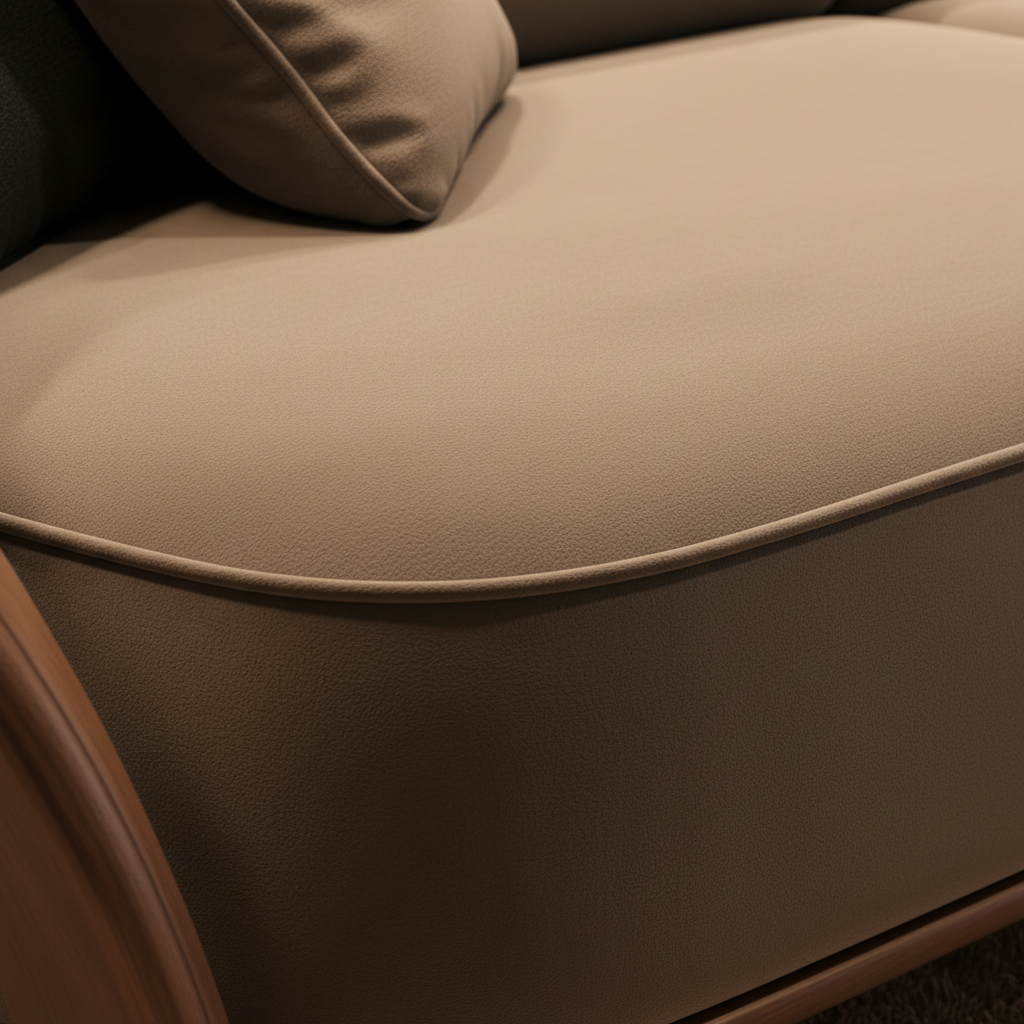 Sculptural Walnut Arm Sofa – Fabric & Wood Detail Close-Up