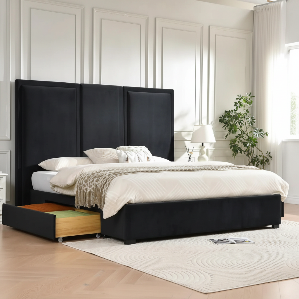 Tall Panel Bed Black 3/4