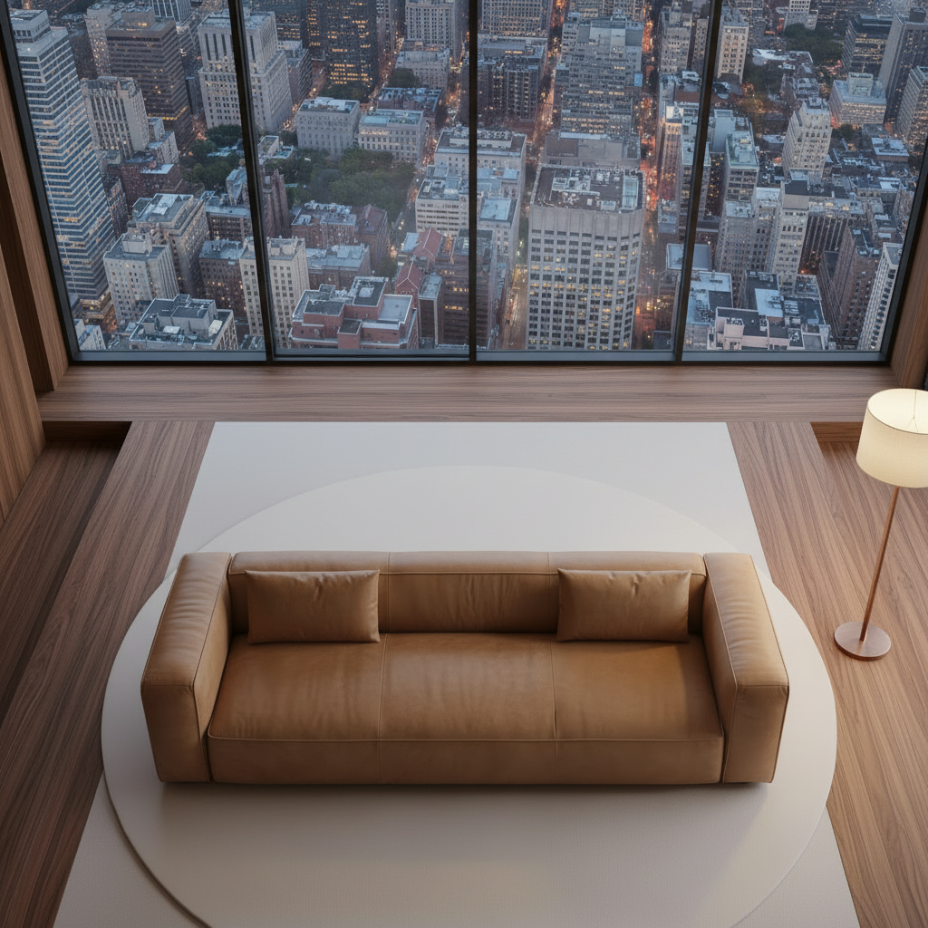 Tan Leather Sofa – Overhead View