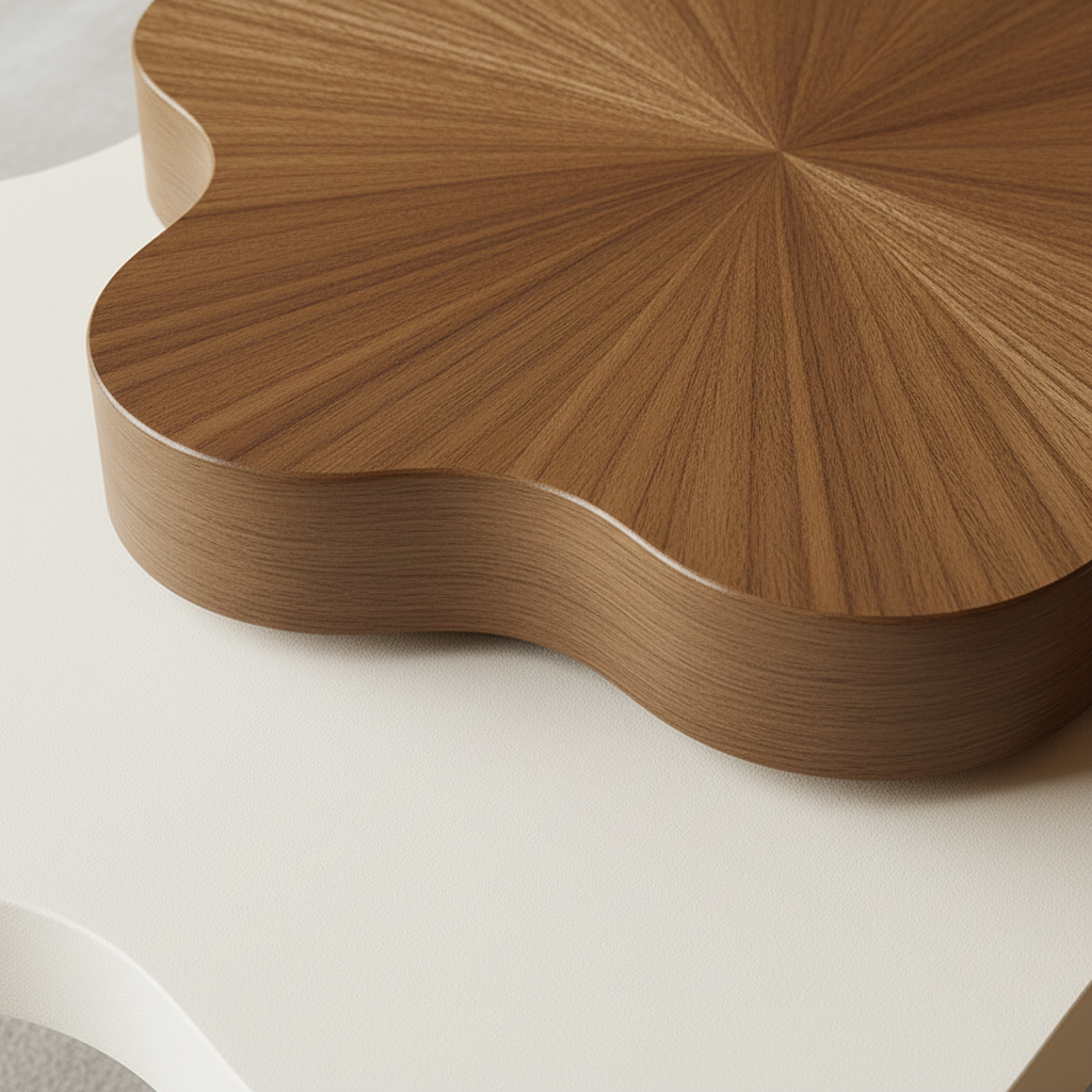 Three-Piece Flower Table – Radial Walnut Grain & Cream Lacquer Close-Up