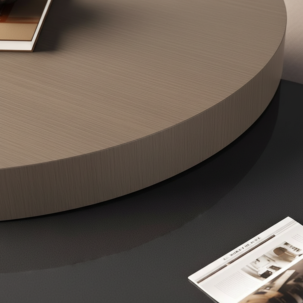 Two-Tone Round Table – Taupe Wood Grain & Charcoal Surface Close-Up