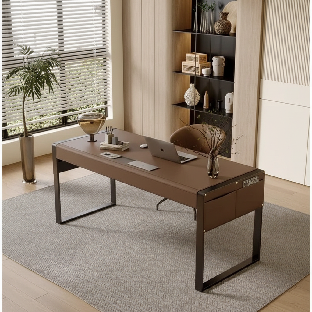 Walnut leather desk aerial view