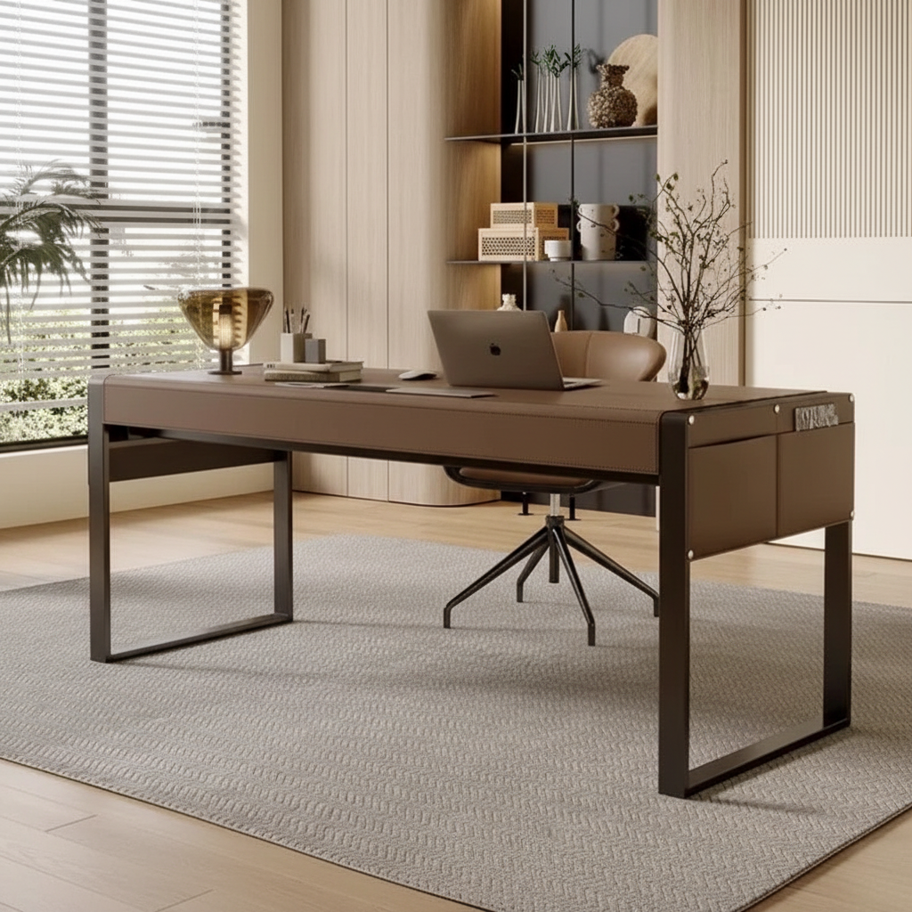 Walnut leather desk low angle