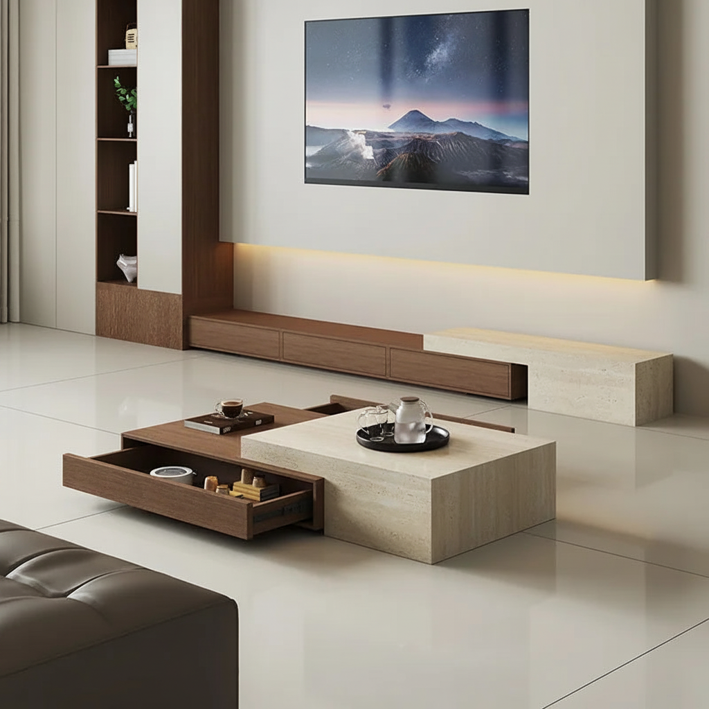 Walnut & Travertine Sliding Table – Front Left Open