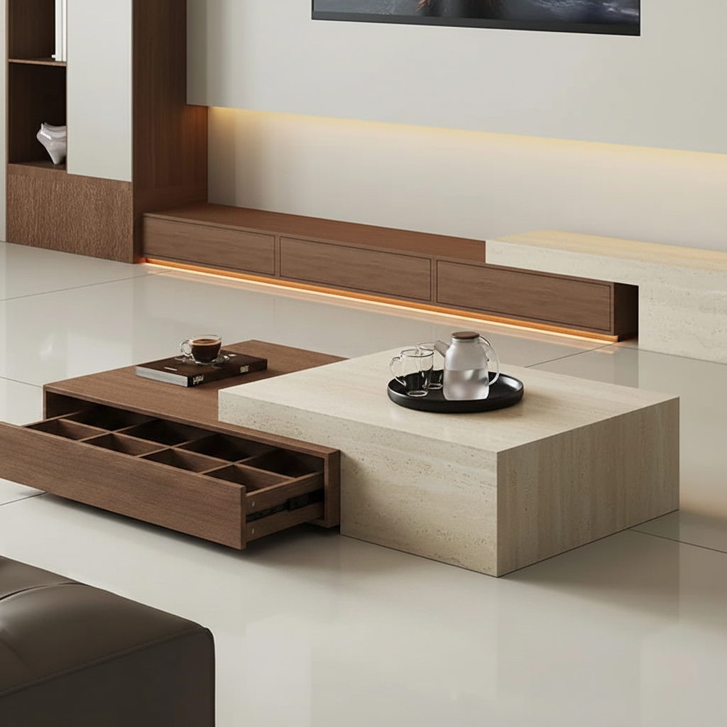 Walnut & Travertine Sliding Table – Front View