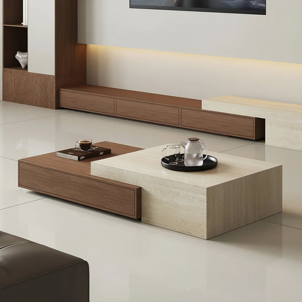 Walnut & Travertine Sliding Table – Low Angle
