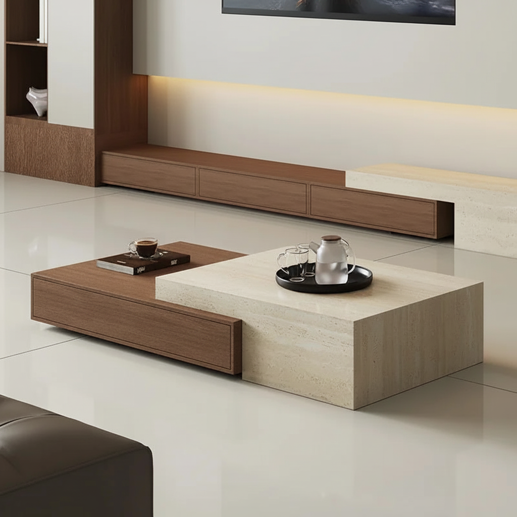 Walnut & Travertine Sliding Table – Side Profile
