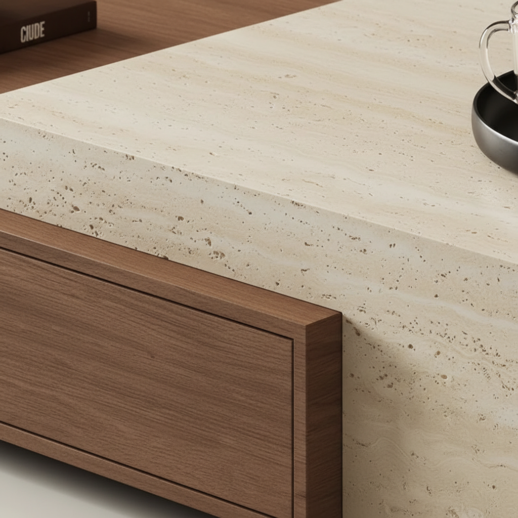 Walnut & Travertine Table – Stone Texture & Wood Grain Close-Up