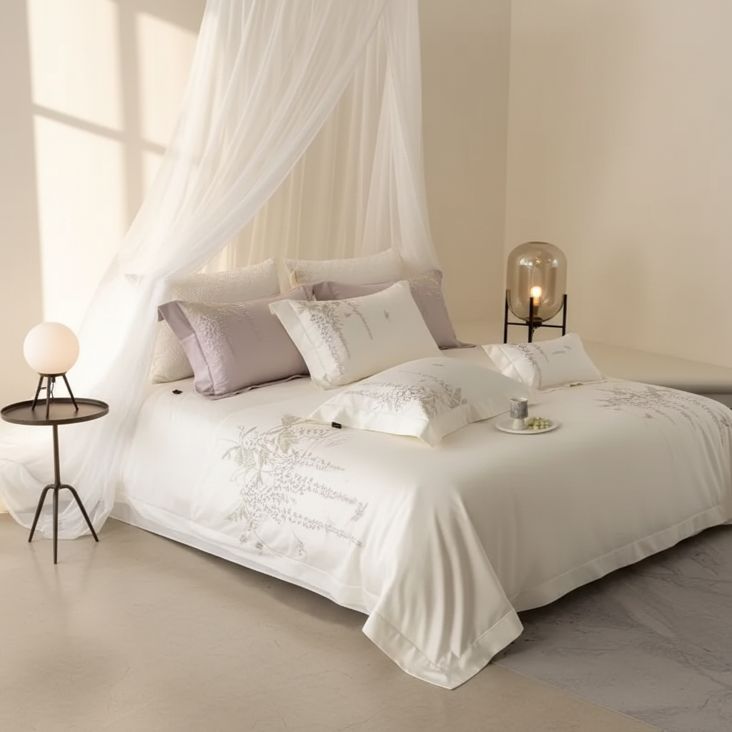 White Botanical Embroidery Bedding – Front Left Diagonal