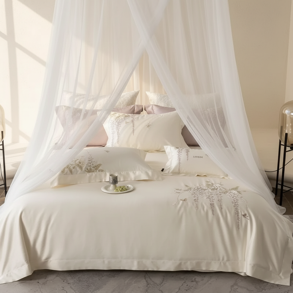White Botanical Embroidery Bedding – Front View