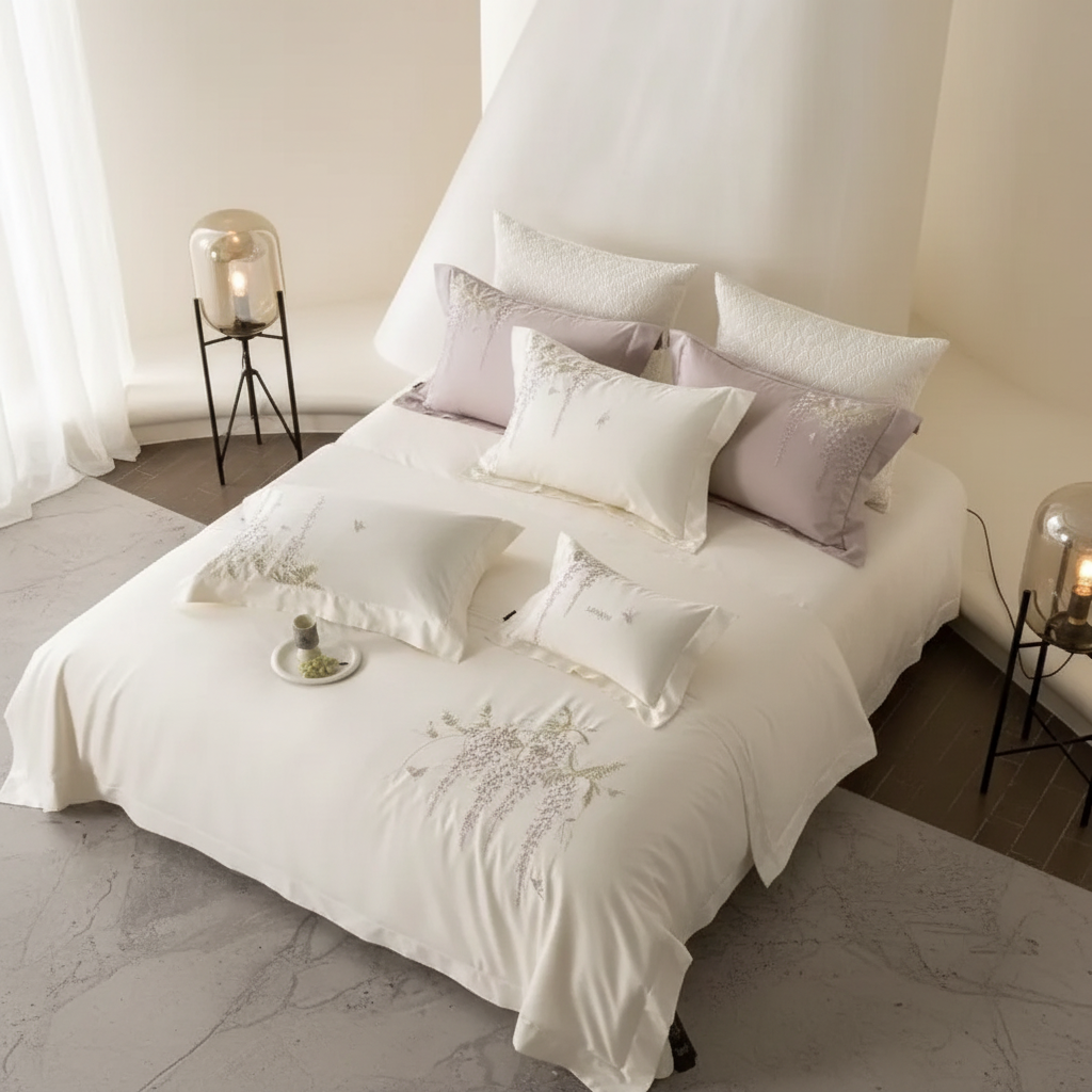 White Botanical Embroidery Bedding – Overhead Diagonal