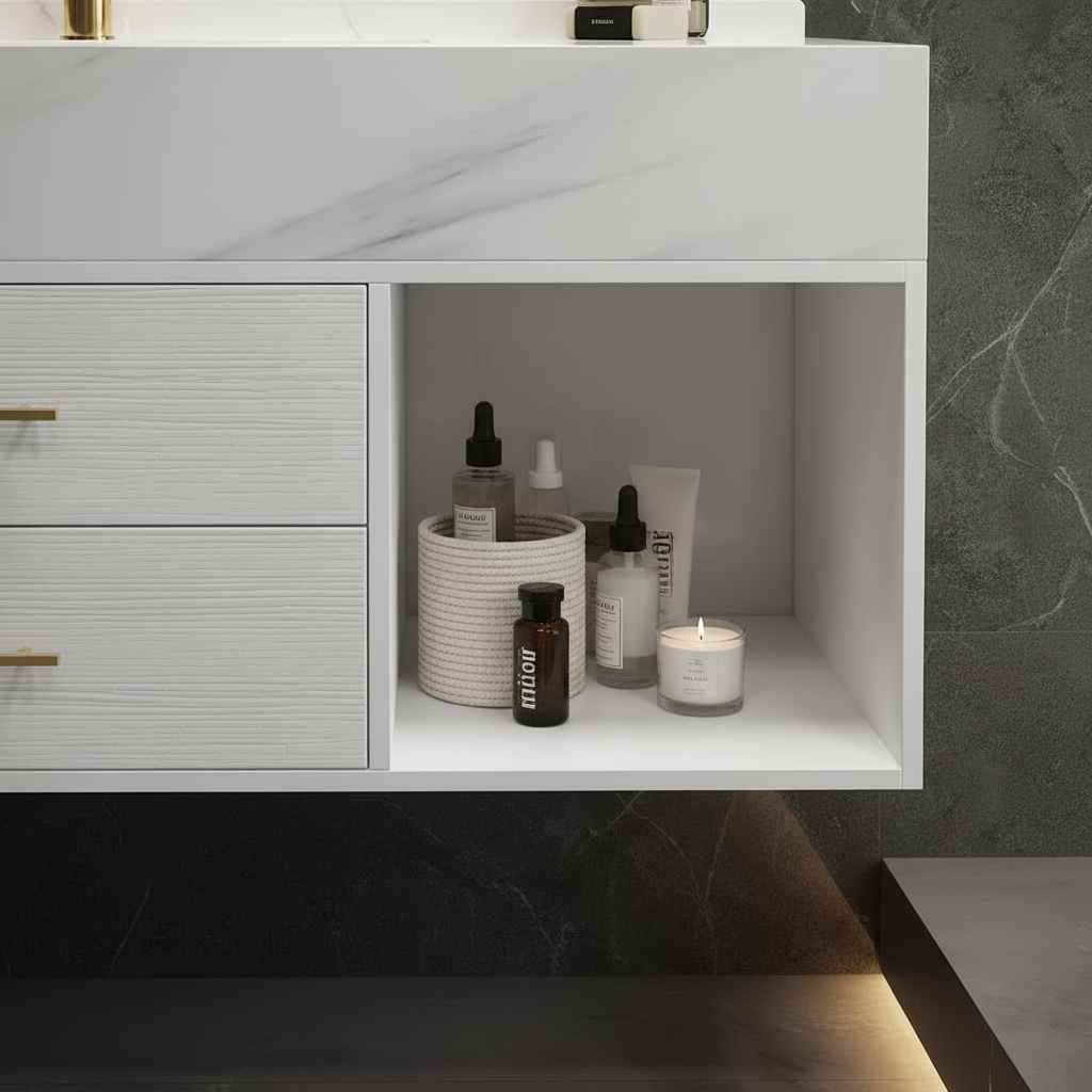 White Vanity Shelf Detail