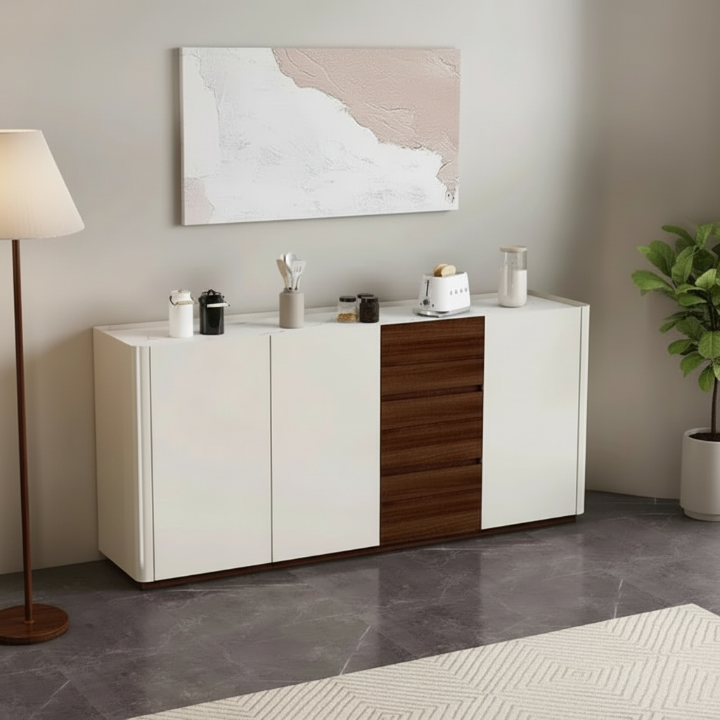 White & Walnut Sideboard Side Angle